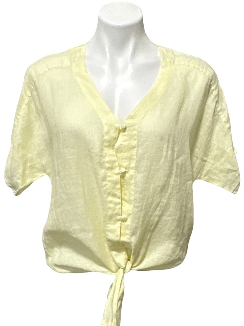 Vince Camuto Daybreak Linen Tie Front Top Yellow Button Short Sleeve NWT Sz S